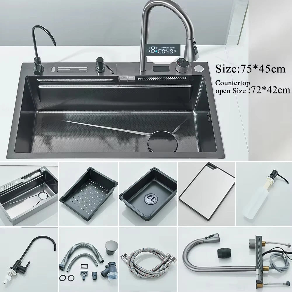 Smart Waterfall Kitchen Sink Workstation | 304 Stainless Steel Sink with Digital Display, Cup Washer & Soap Dispenser